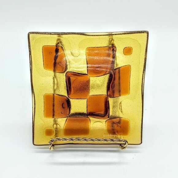Higgins Studio 1950s Amber Fused Square Glass Plate - Signed - Picture 4 of 6
